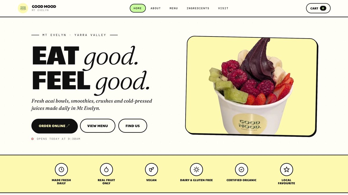 Good Mood Super Food Bar website homepage built by Limitless Web Co.