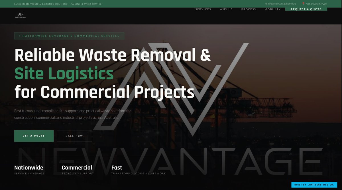 NewVantage waste removal and logistics website built by Limitless Web Co.
